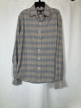 Michael Kors Slim Fit Plaid Dress Shirt Men’s Size Medium Tan Gray White